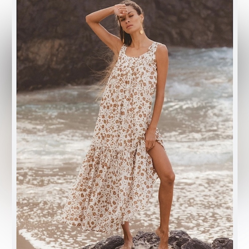 Daughters of India Floral Maxi Dress in Cream and Brown